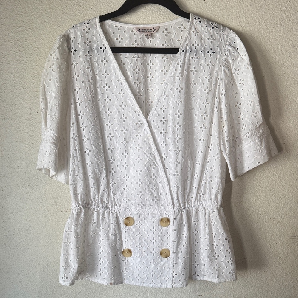 Nanette by Nanette Lepore White Eyelet Blouse with Button Accents